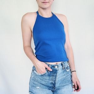 American Eagle Outfitters AEO Blue Cotton Rib Sleeveless Halter Tank Top - Small
